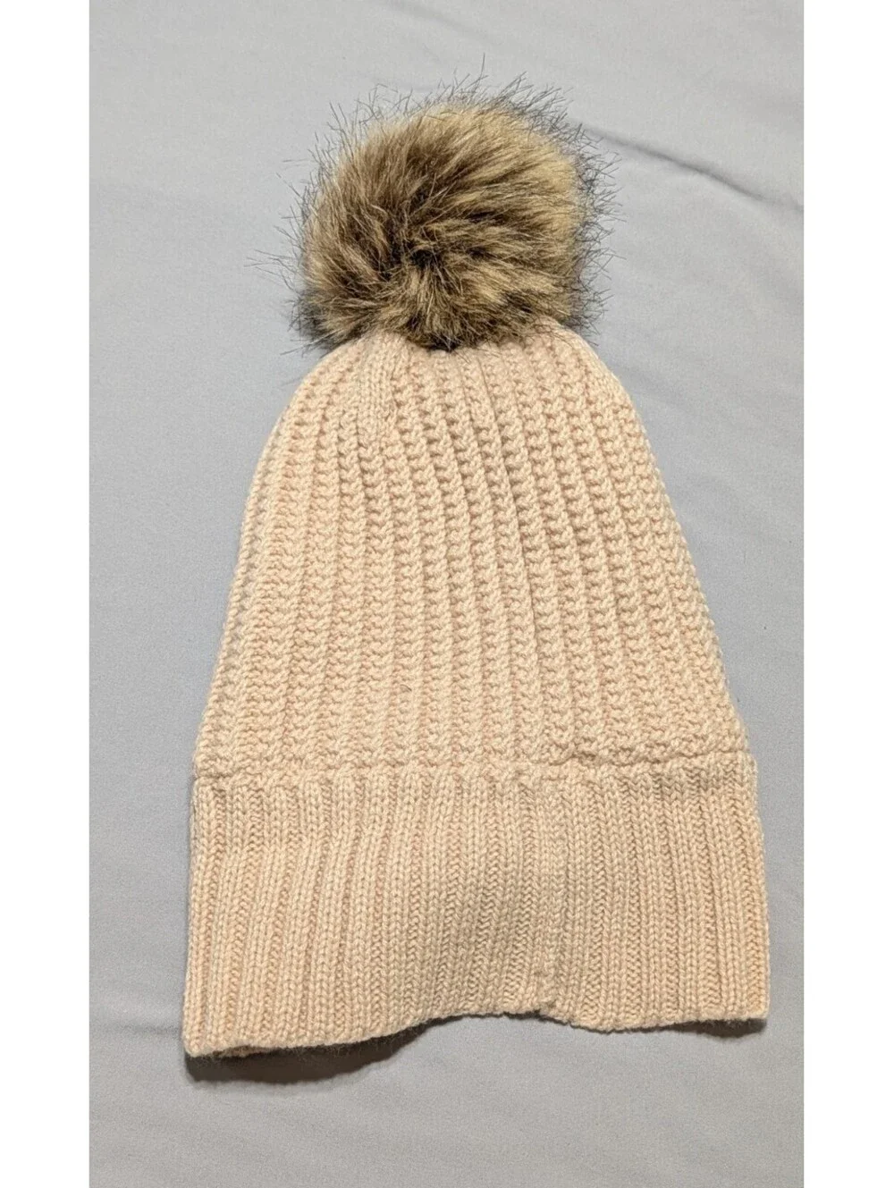 NWT Timberland Women's Cable Knit Faux Fur Pom Beanie Hat Blush Peach